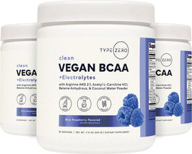 Type Zero Poudre BCAA Vegan Ultra Clean 408g Framboise Bleue avec ingrédients sur fond blanc
