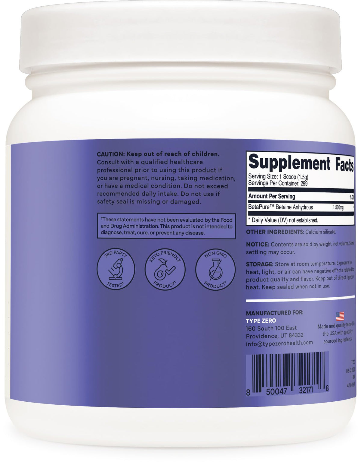 Type Zero Poudre de Béthaine Anhydre 1 LB avec une cuillère doseuse