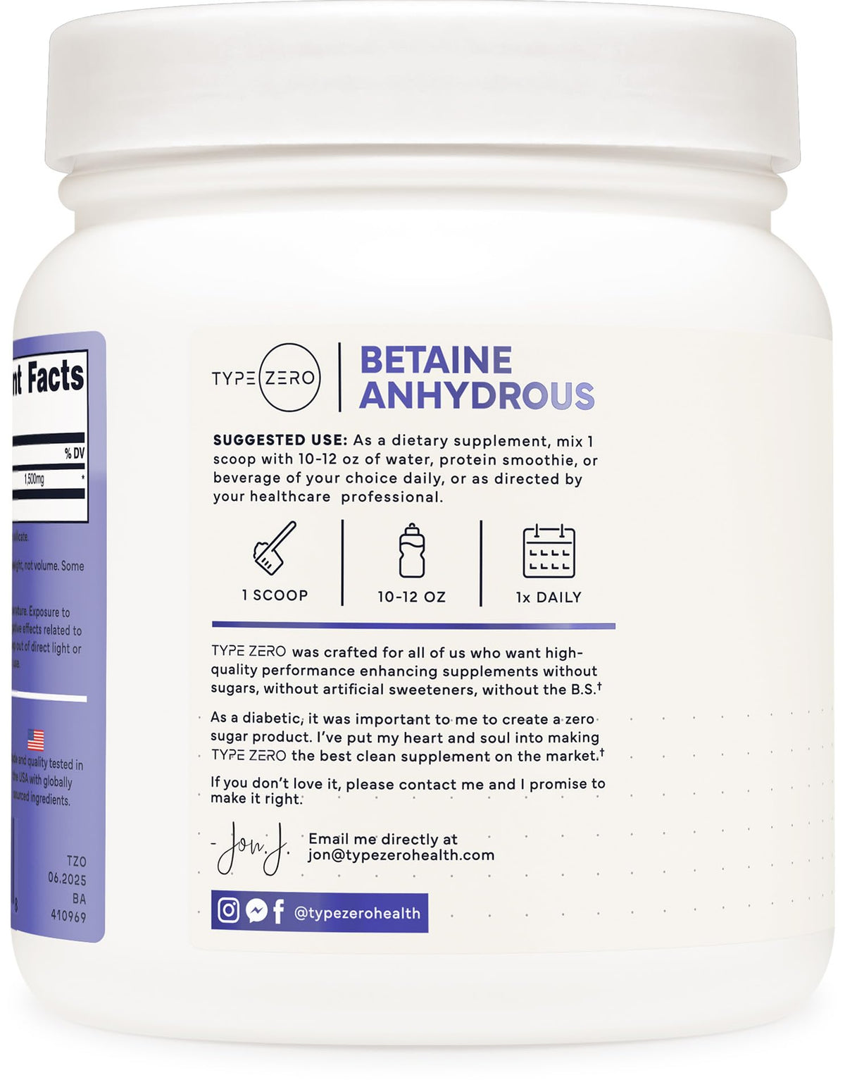 Type Zero Poudre de Béthaine Anhydre 1 LB versée dans un shaker