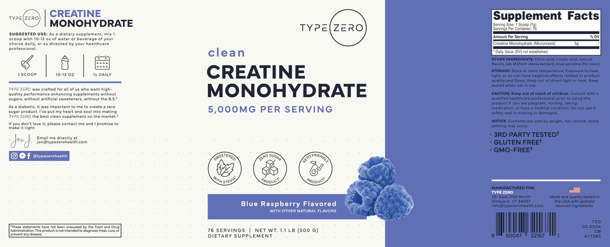 Type Zero Poudre de Créatine Monohydrate 500g Saveur Framboise Bleue sur une table