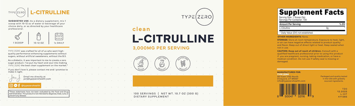 Type Zero Poudre de L-Citrulline 3000mg avec une cuillère doseuse