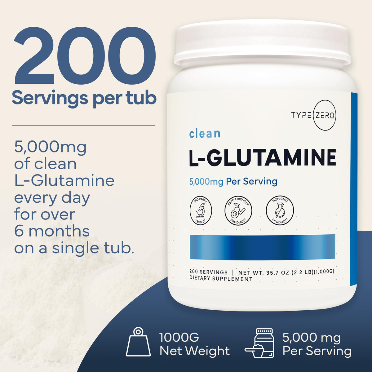 Type Zero Poudre de L-Glutamine 5000mg emballage