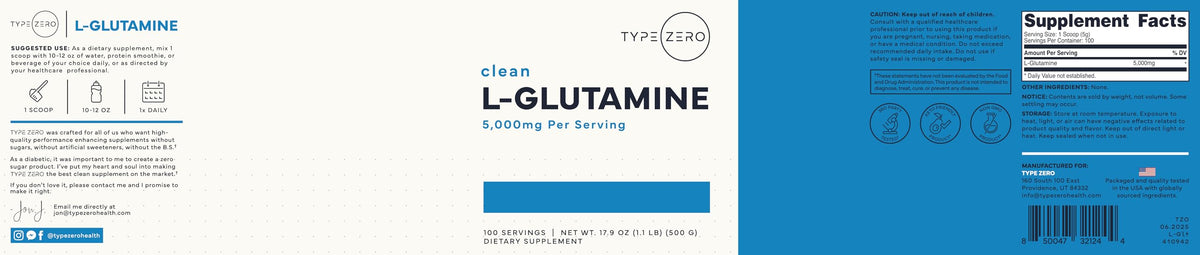 Type Zero Poudre de L-Glutamine 500g dans un shaker