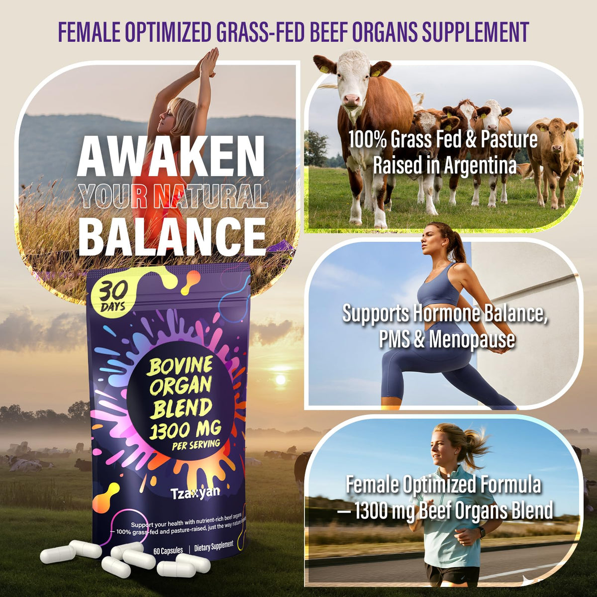 tzaxyan Complément Alimentaire Organes de Boeuf 1300mg, capsules dans un verre