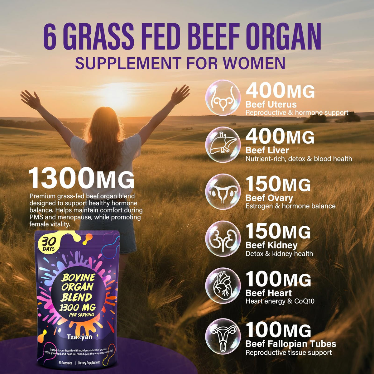 tzaxyan Complément Alimentaire Organes de Boeuf 1300mg, capsules sur une surface en bois