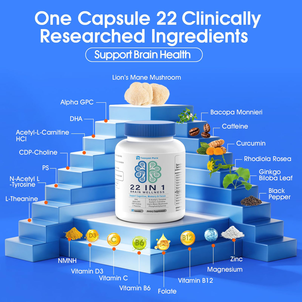 Tzaxyan Pure Compléments Alimentaires Cérébraux 22-en-1 étiquette avec informations nutritionnelles