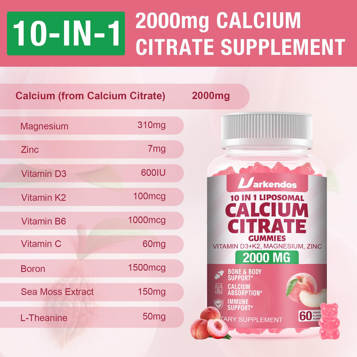 Uarkendos Gummies Calcium Citrate 2000mg à l'intérieur du pot