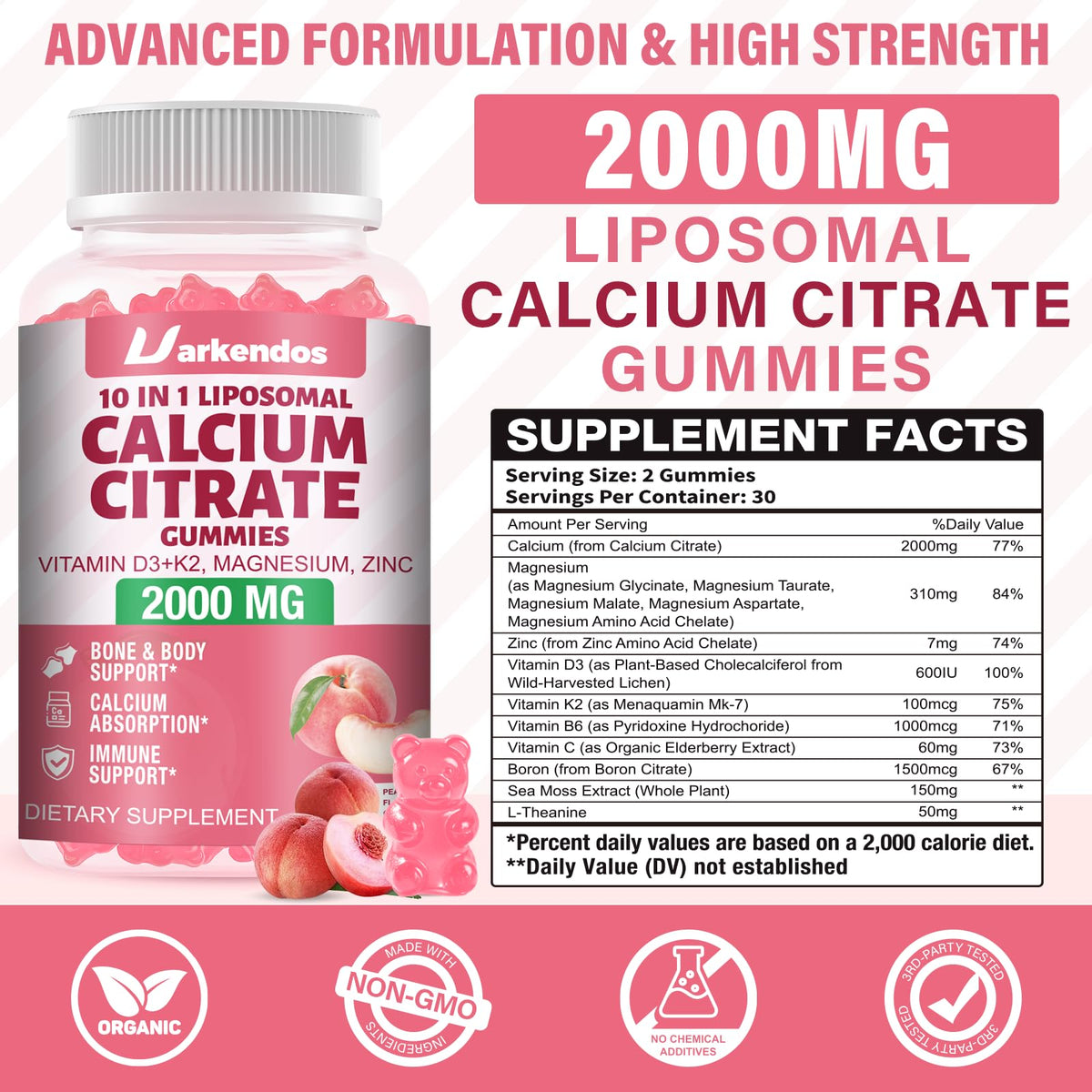 Uarkendos Gummies Calcium Citrate 2000mg vue arrière de l'emballage