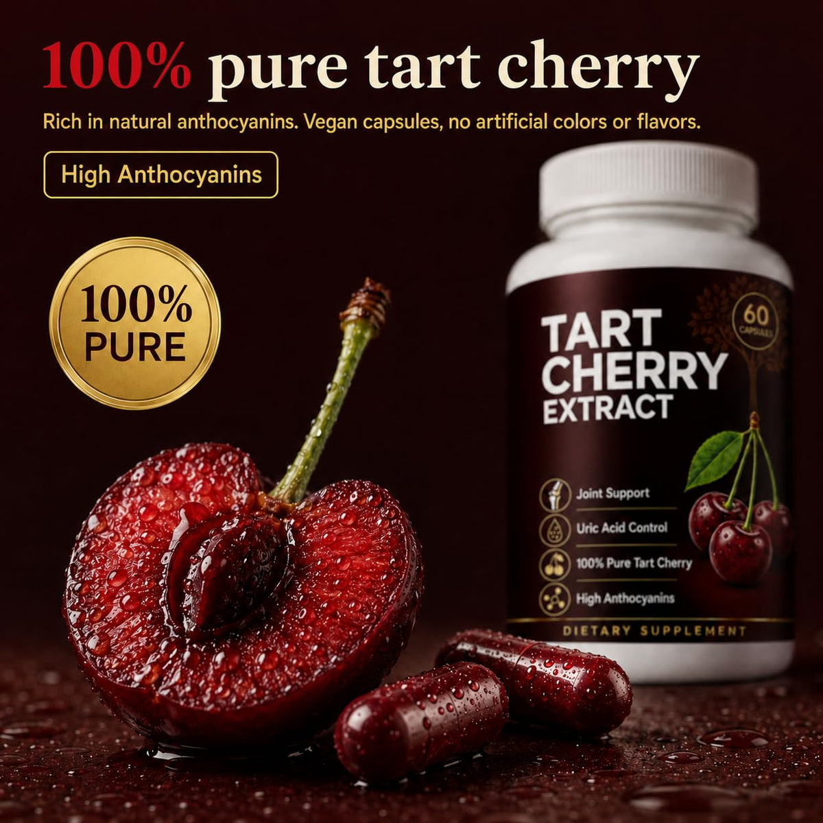 UBOMOPI Extrait de Cerise Acide Montmorency 360mg, capsules sur fond blanc