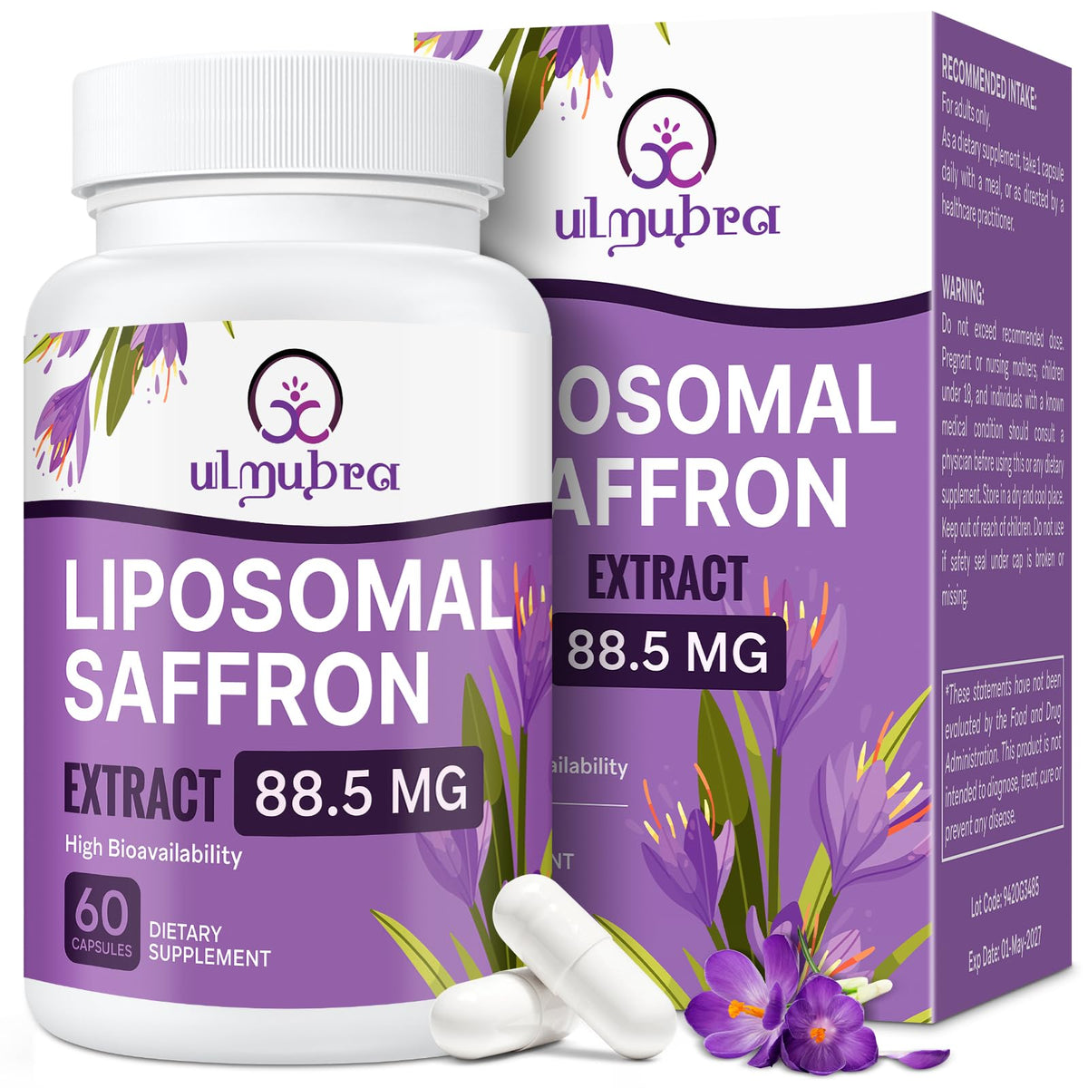 Ulmubra Compléments Alimentaires de Safran 88,5 mg Capsules Végétales, emballage avant