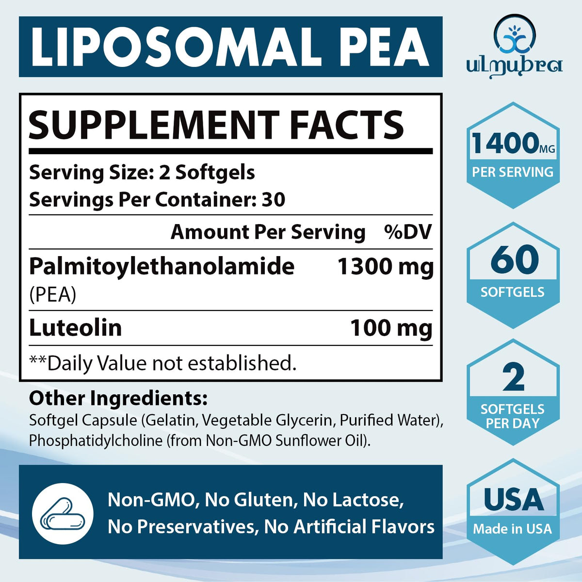 Ulmubra Palmitoylethanolamide 1300 mg côté de la boîte