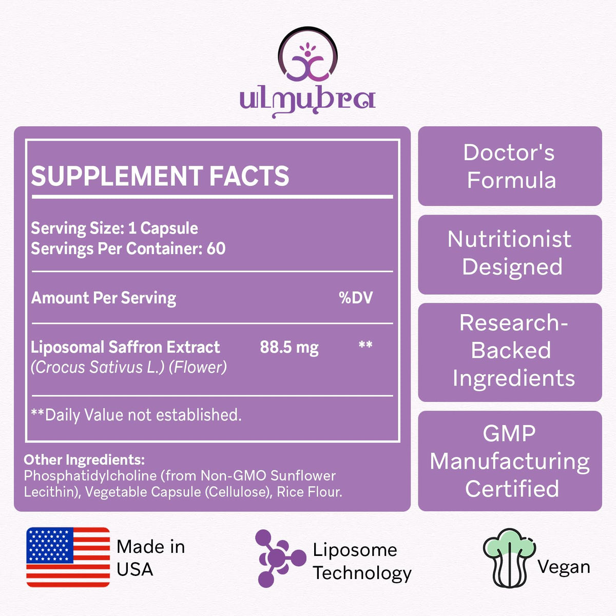 Ulmubra Safran 88,5 mg Capsules Végétales, vue arrière de l'emballage