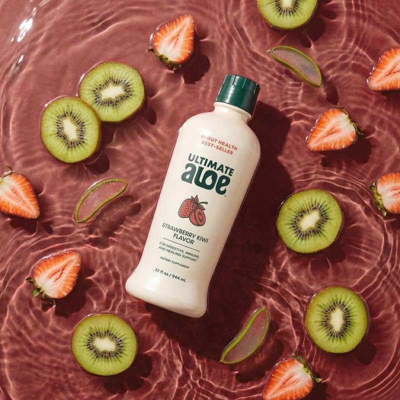 Ultimate Aloe jus d'aloe vera saveur fraise kiwi, contenant ouvert avec une portion versée