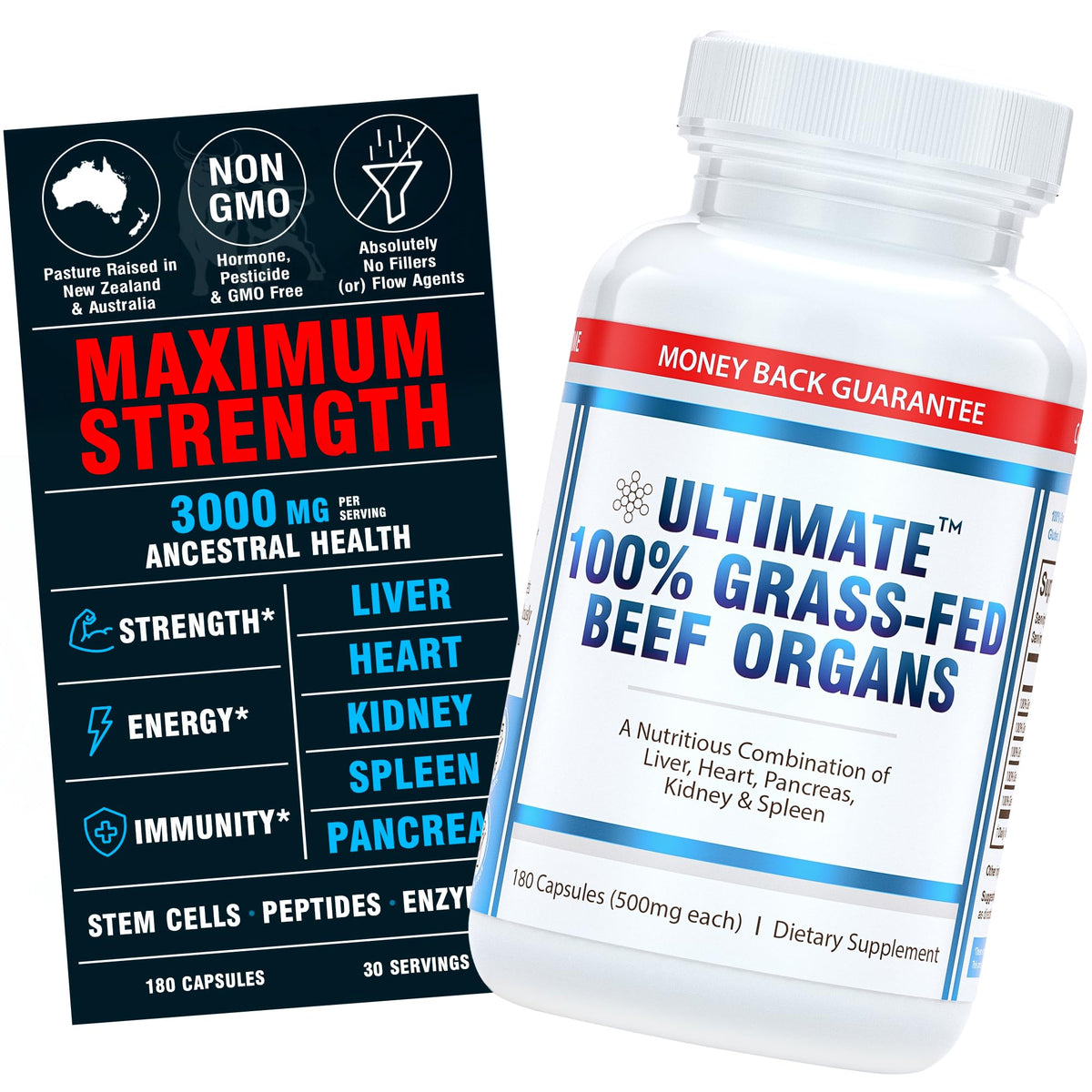 Ultimate Complément Alimentaire Organes de Boeuf 180 Capsules vue de face