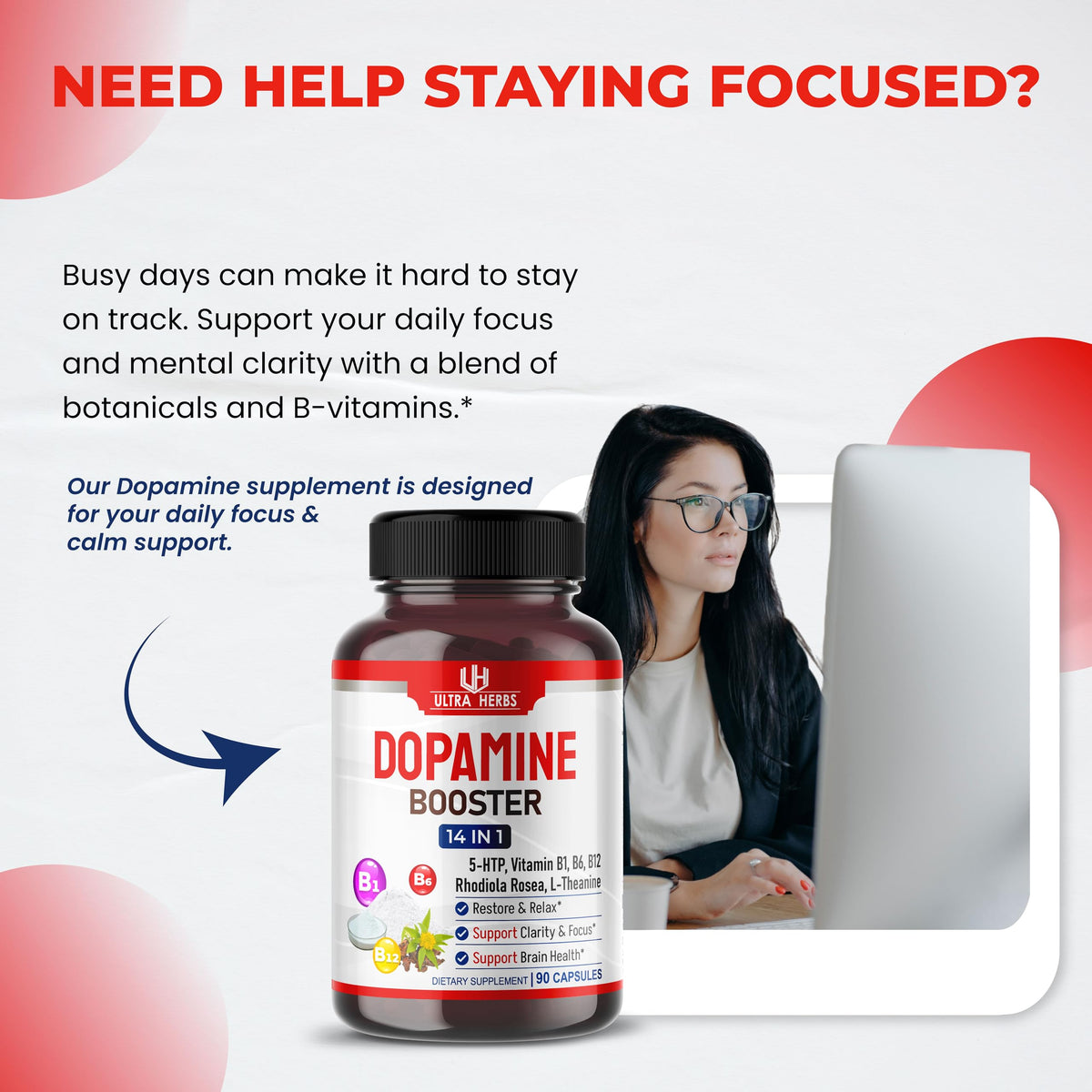 ULTRA HERBS Complément Alimentaire Focus Dopamine 90 Capsules arrière