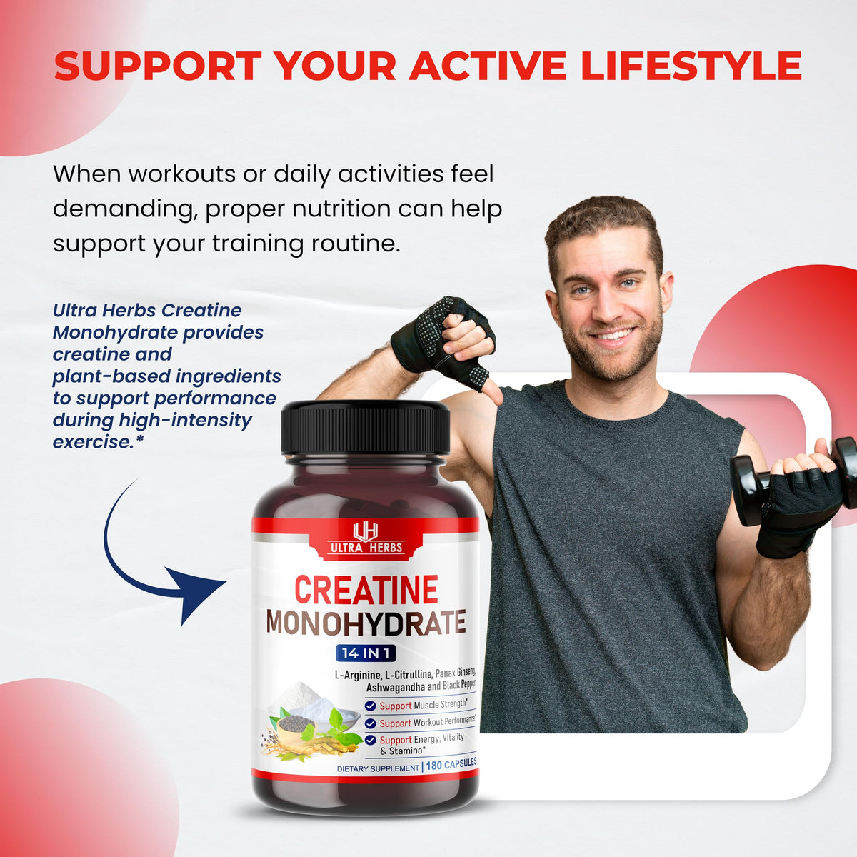 ULTRA HERBS Créatine Monohydrate Capsules avec étiquette détaillée