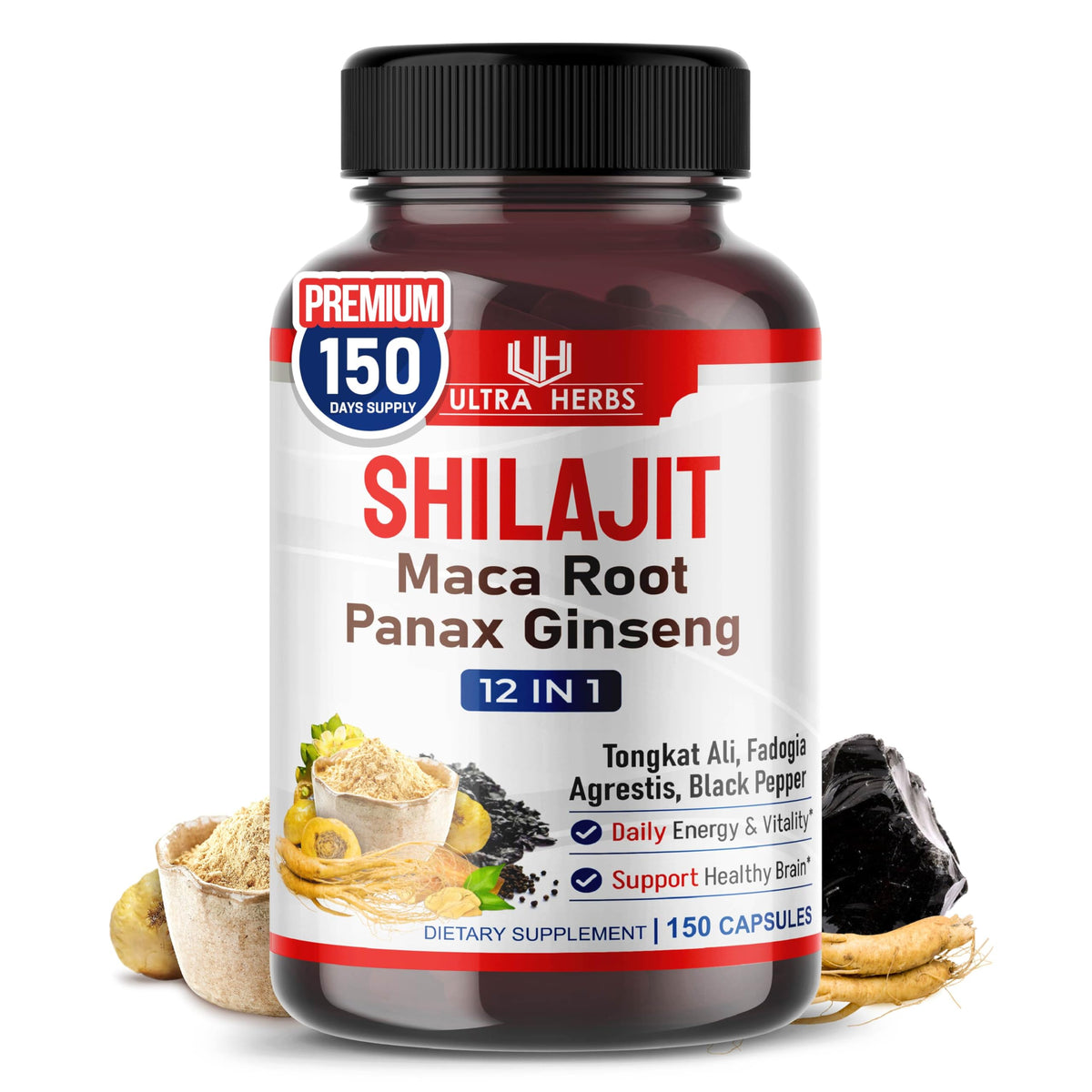 ULTRA HERBS Shilajit Pur Himalayen bouteille de 150 capsules vue avant