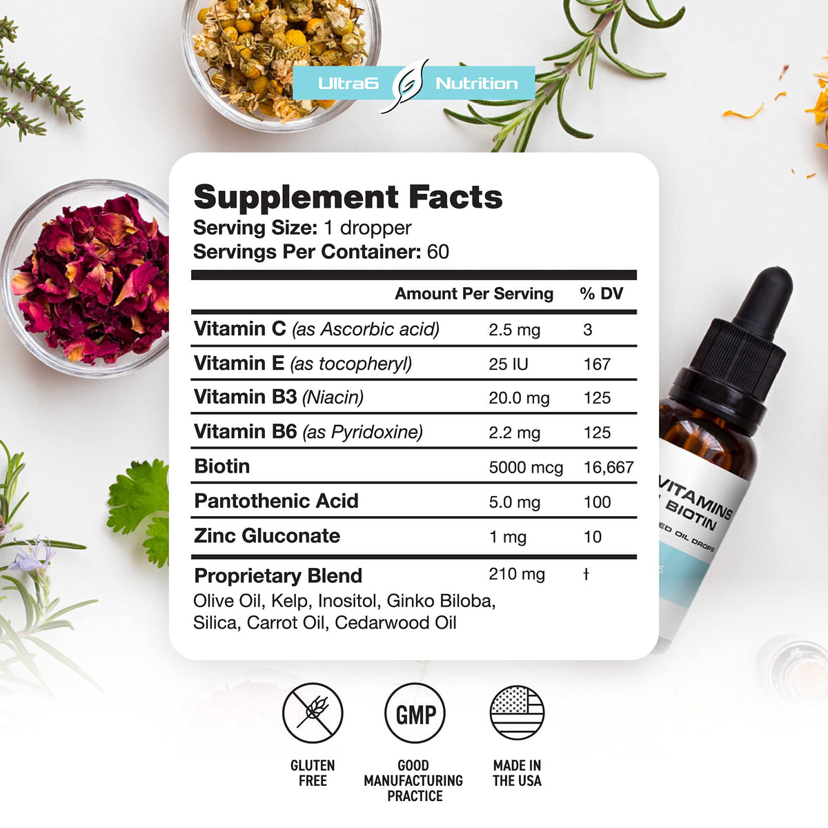 Ultra6 Nutrition Biotine Liquide 5000 mcg étiquette détaillée