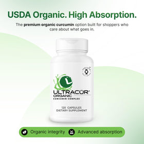 UltraCur capsules de curcuma bio avec ingrédients naturels en arrière-plan