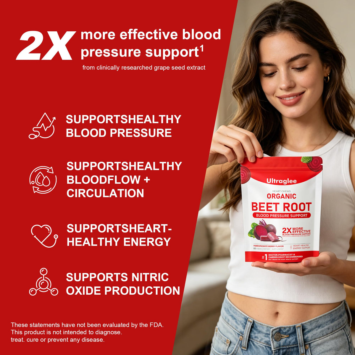 Ultraglee Beetsroot Heart Chews 60 gommes with pomegranate berry flavor