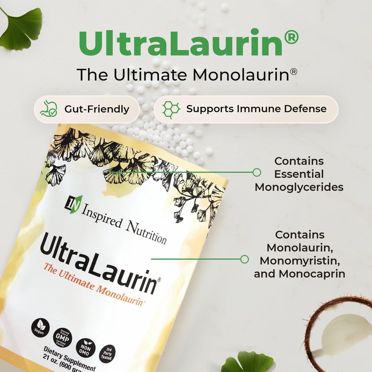 UltraLaurin Monolaurin Pellets sur un fond neutre