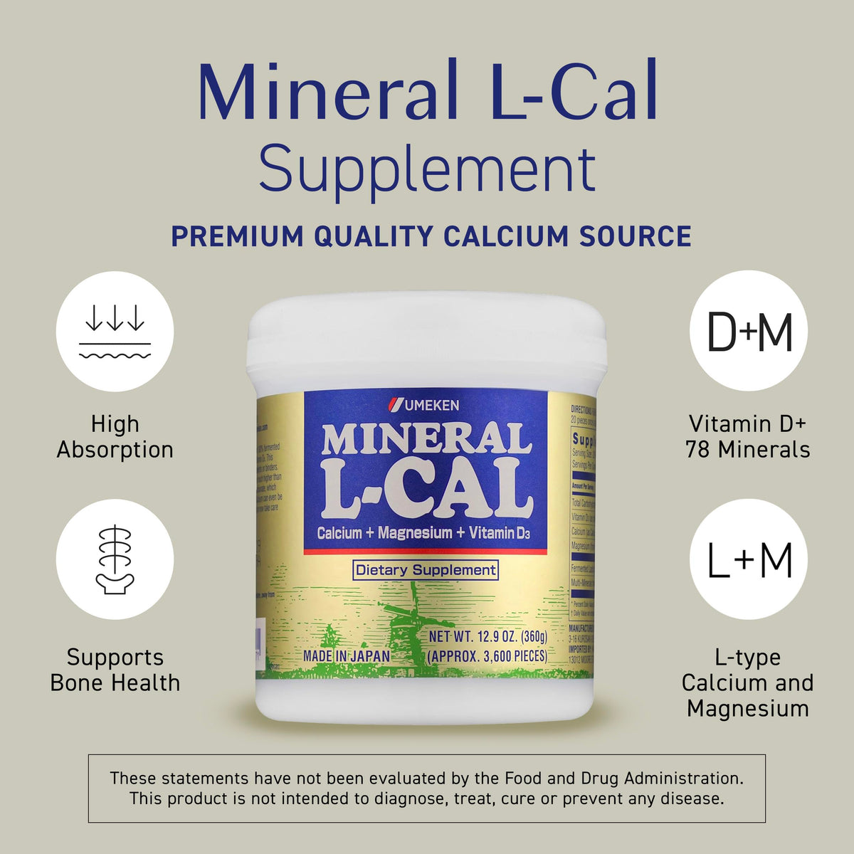 Umeken L-Cal Calcium 360g affichant les billes solubles
