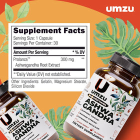 UMZU Ashwagandha, capsules sur une surface en bois
