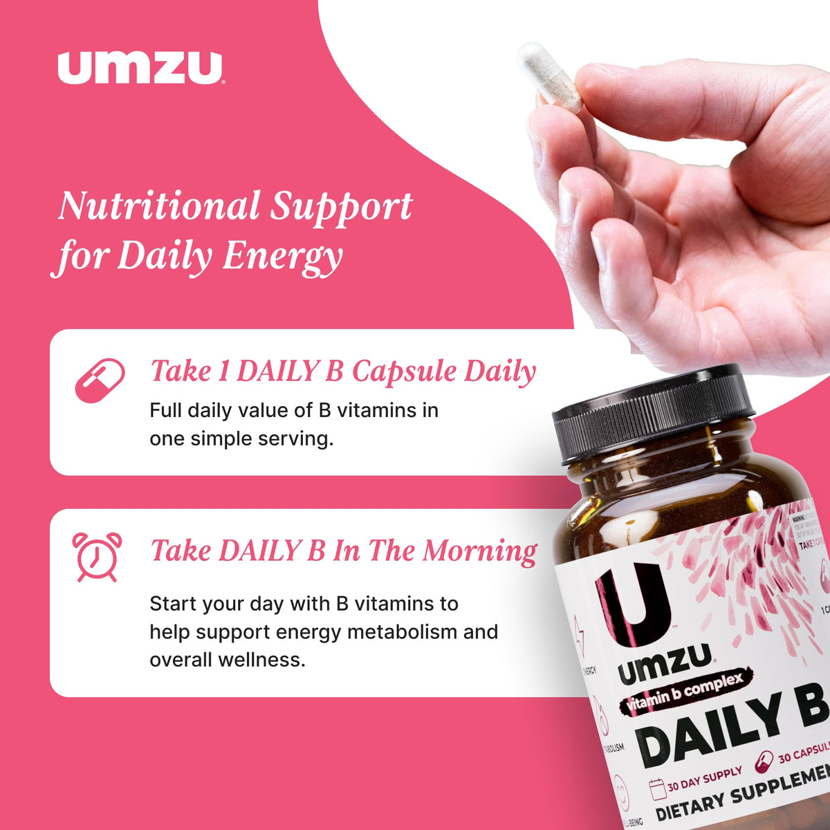 UMZU Complexe de Vitamines B 30 jours à côté de fruits