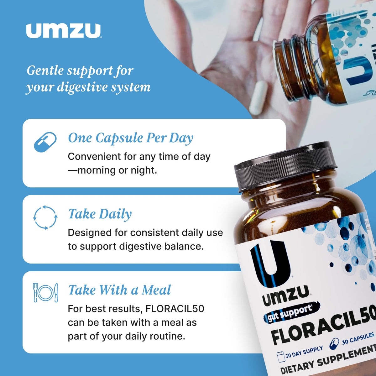 UMZU Floracil50 complément probiotique 50 milliards CFU sur fond blanc