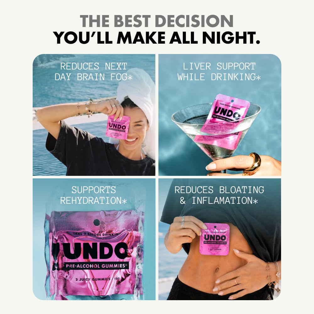 Undo Gummies pré-alcool dans une main avec un verre en arrière-plan