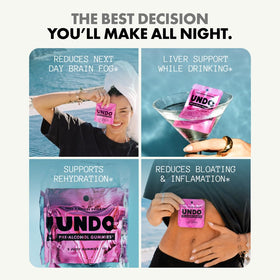 Undo Gummies pré-alcool dans une main avec un verre en arrière-plan