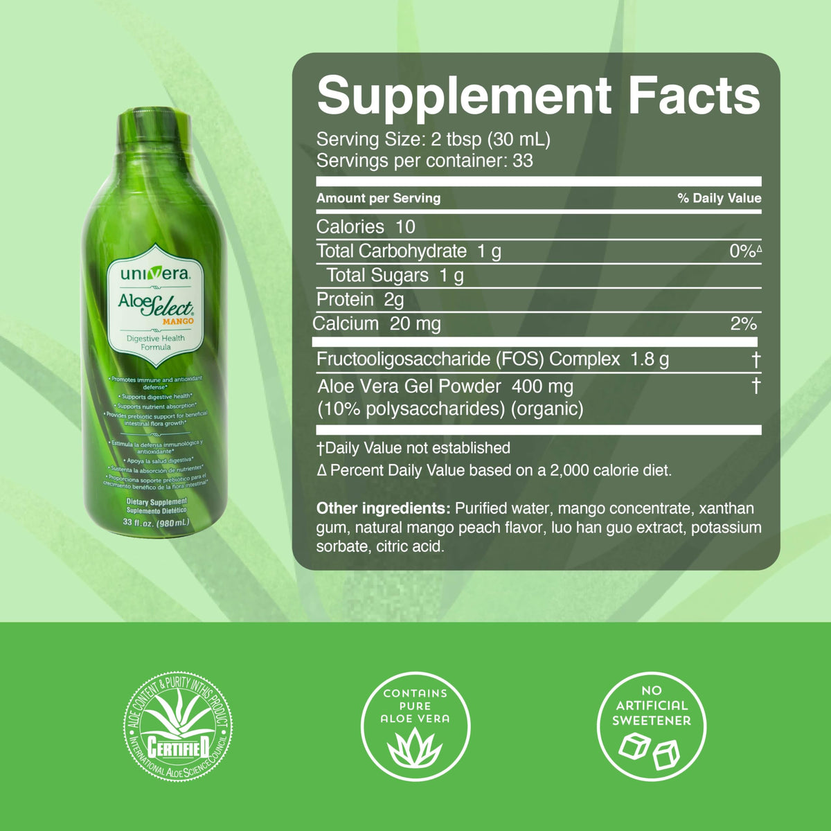 Univera Jus d'Aloe Vera Bio 1L, en verre avec des fruits