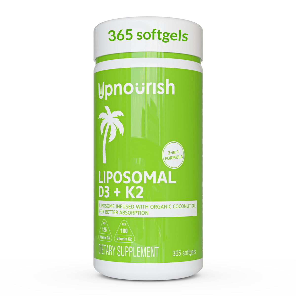 UpNourish Liposomal D3 K2 MK-7 5000 IU 365 gélules sur fond blanc