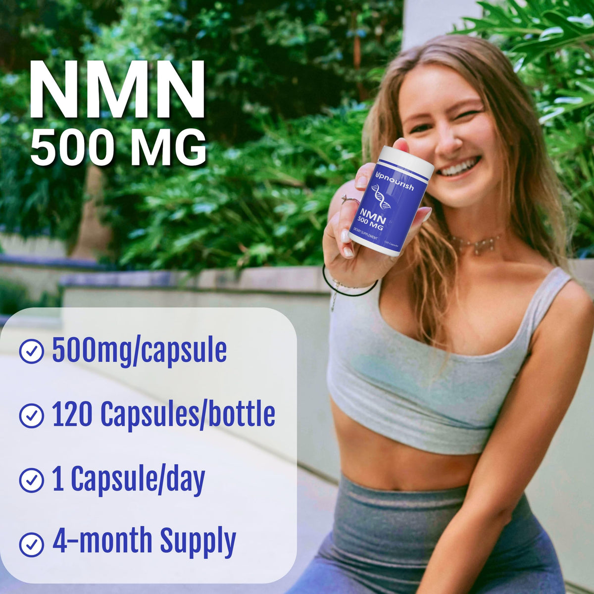UpNourish NMN 500mg capsules ouvertes montrant la taille