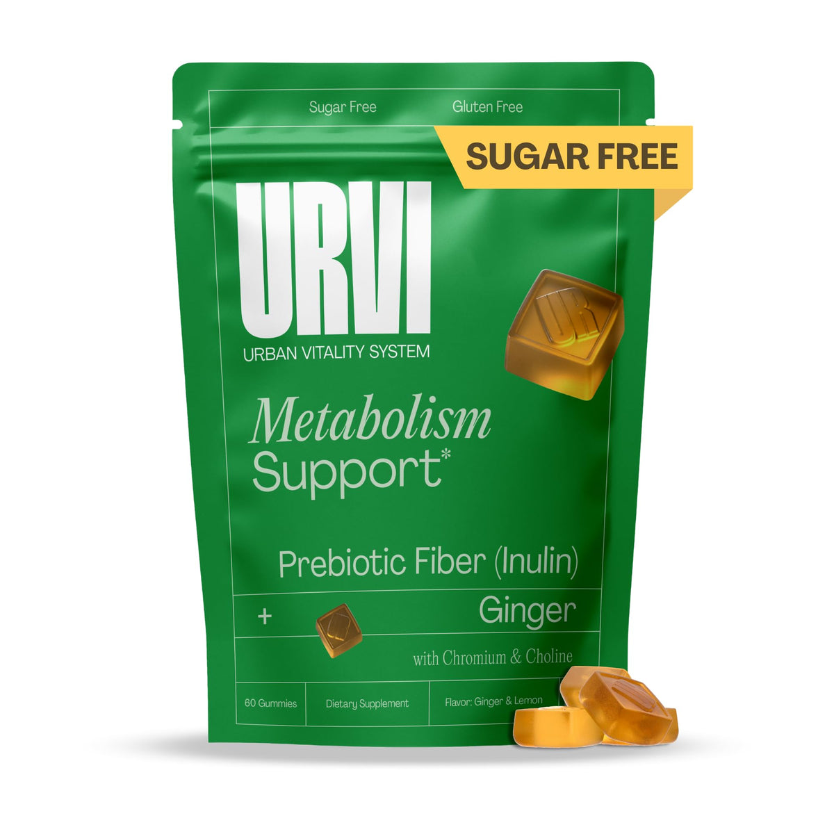 URVI Gummies de soutien au métabolisme 60 pièces saveur gingembre citron, emballage avant