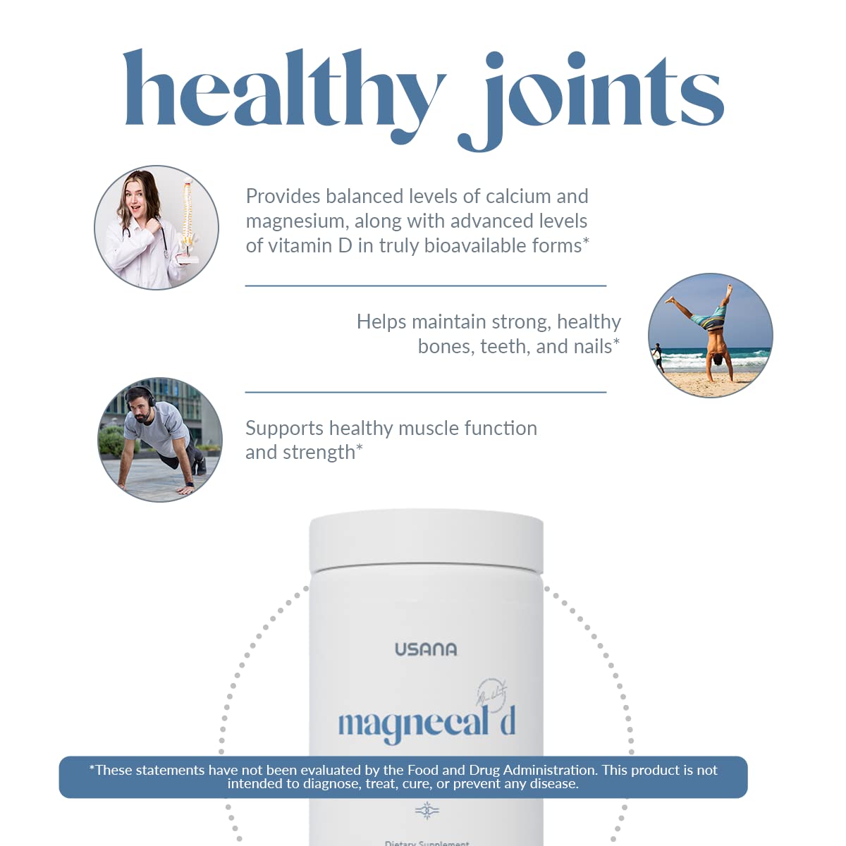 USANA MagneCal D comprimés sur une table avec un verre d'eau