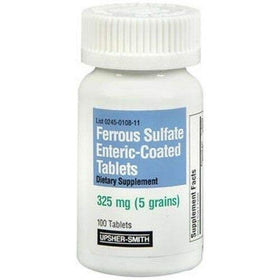 Usher-Smith Ferrous Sulfate 325mg comprimés sur une surface blanche