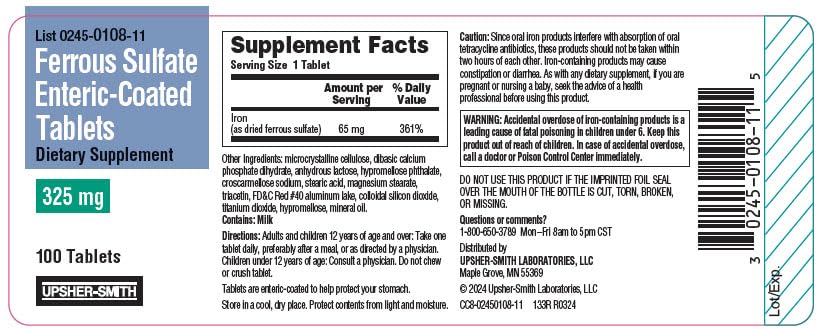 Usher-Smith Ferrous Sulfate 325mg flacon ouvert et comprimés
