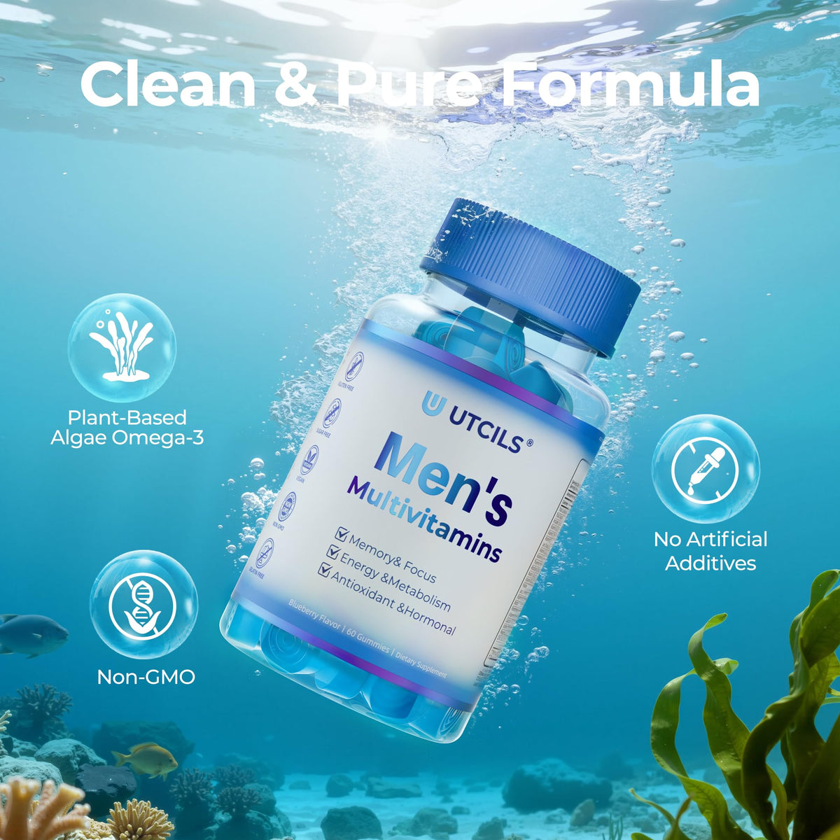Utcils Gummies Multivitamines pour Hommes 5-en-1 avec gummies visibles
