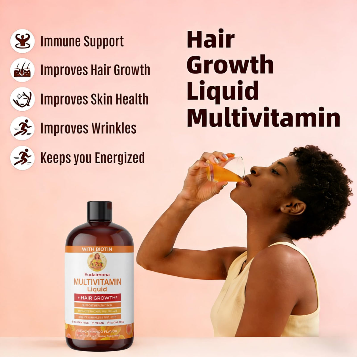 Utilisation de Eudaimona multivitamine liquide dans un verre.
