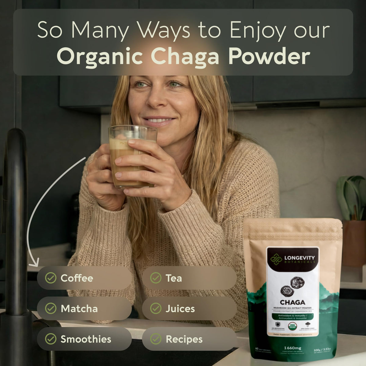 Utilisation de la poudre de champignon Chaga bio dans un smoothie
