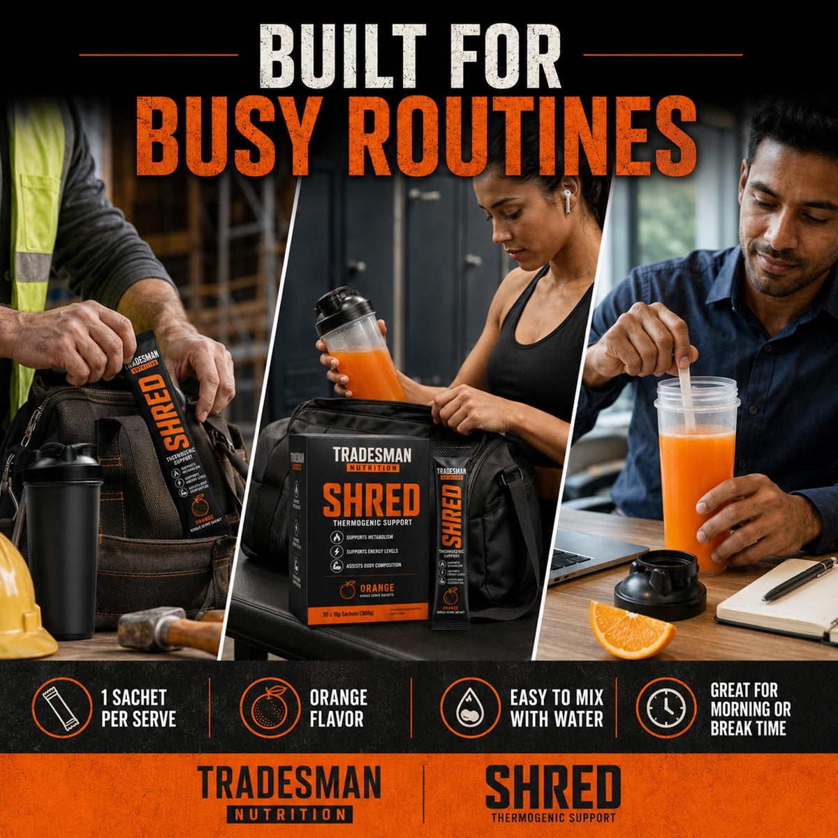 Utilisation de la poudre énergétique Tradesman Nutrition Shred au bureau