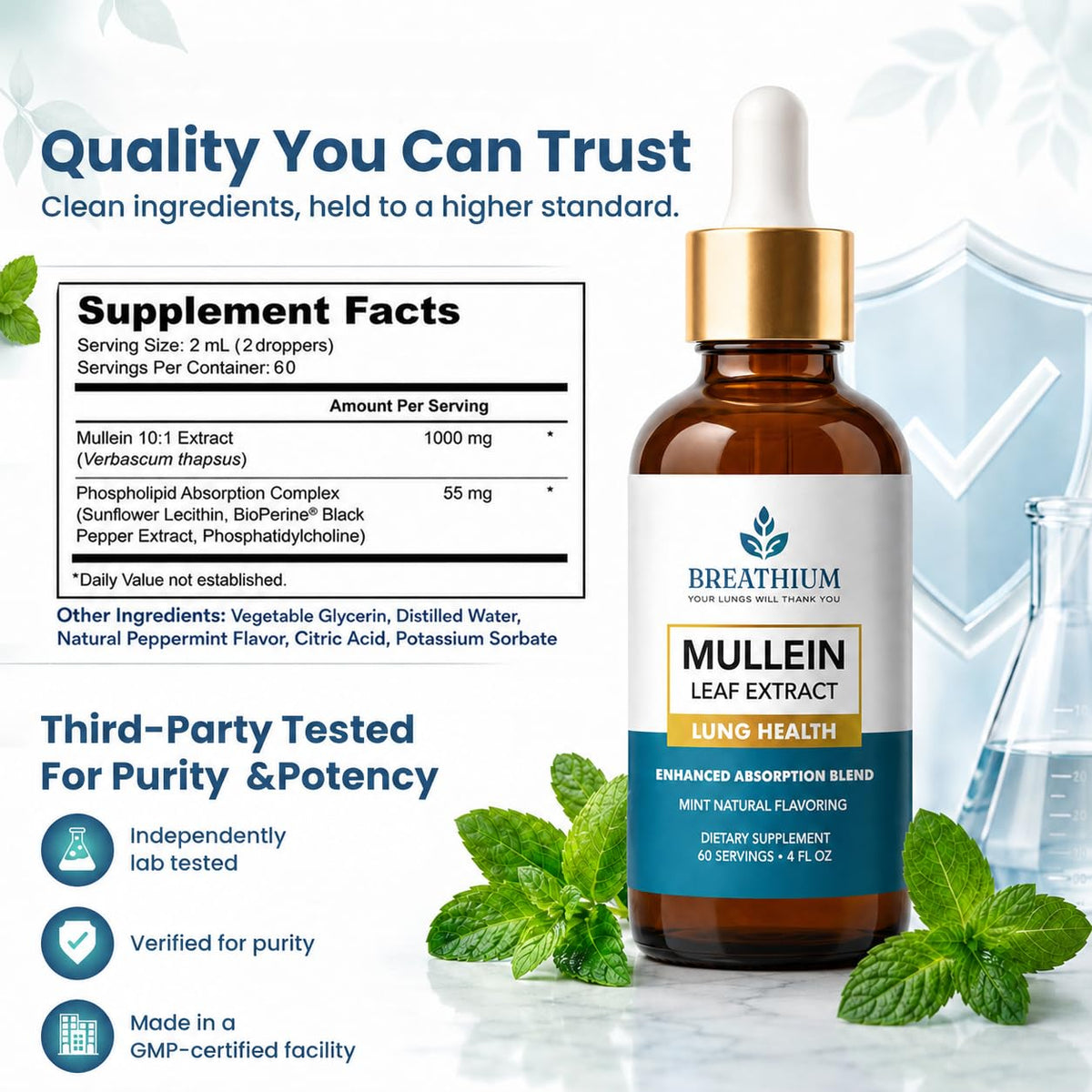 Utilisation des gouttes Mullein BREATHIUM avec un verre d'eau