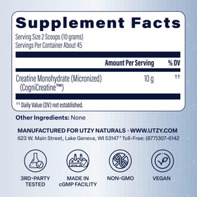 Utzy Naturals créatine monohydrate en poudre dans un verre avec une cuillère