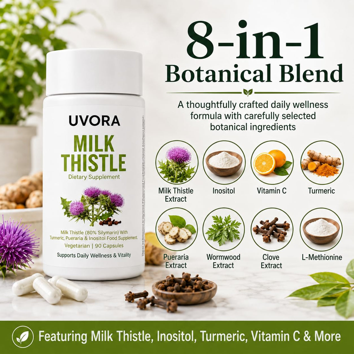 UVORA Milk Thistle 90 capsules avec étiquette détaillée