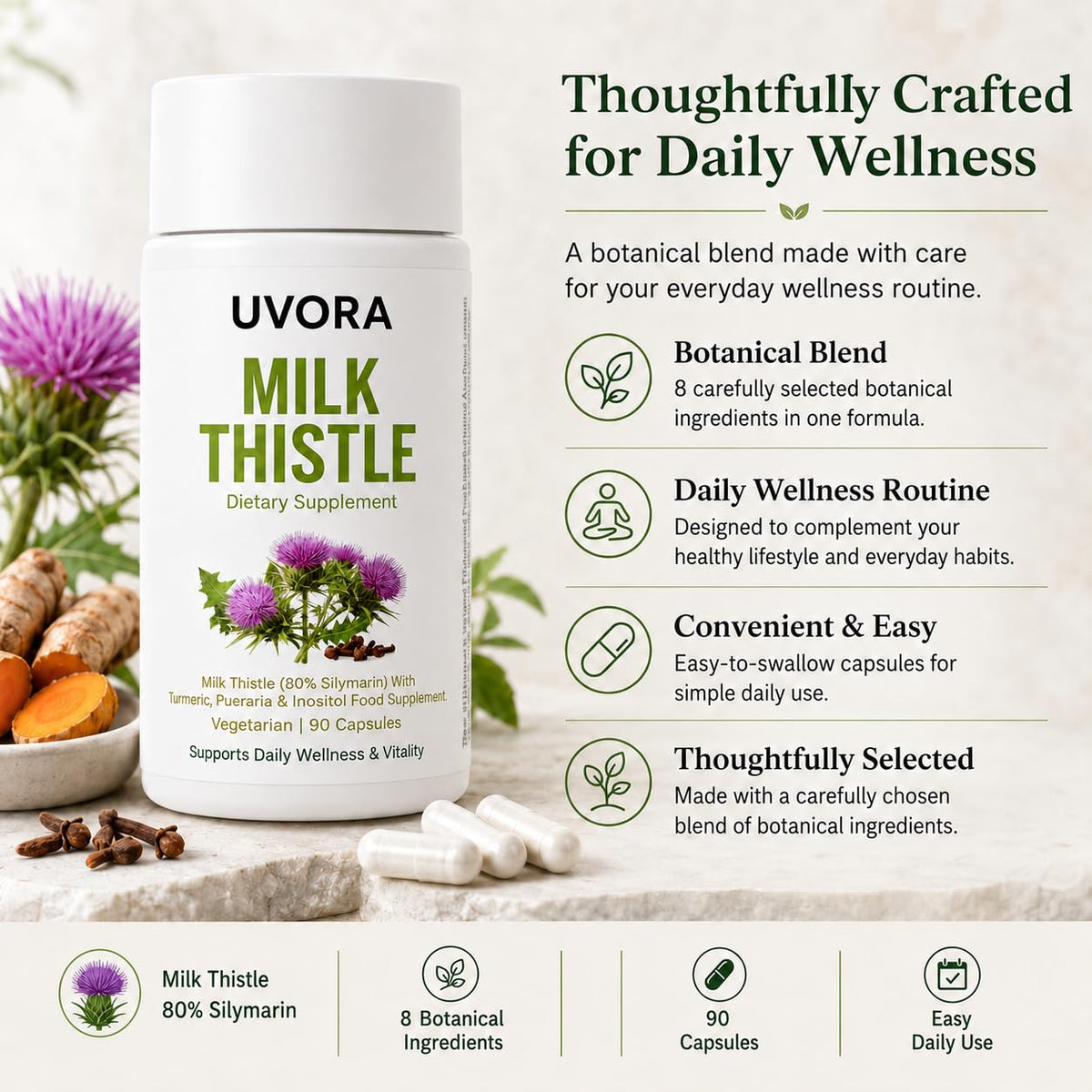 UVORA Milk Thistle 90 capsules avec un verre d'eau