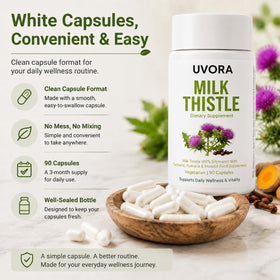 UVORA Milk Thistle 90 capsules ouvertes montrant les capsules