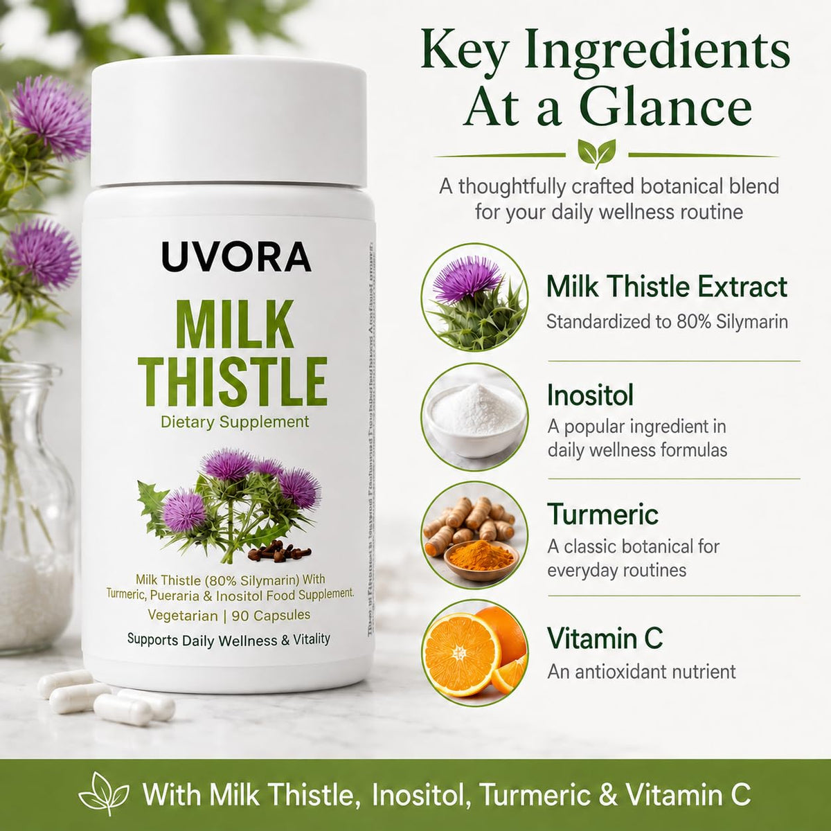UVORA Milk Thistle 90 capsules sur fond blanc