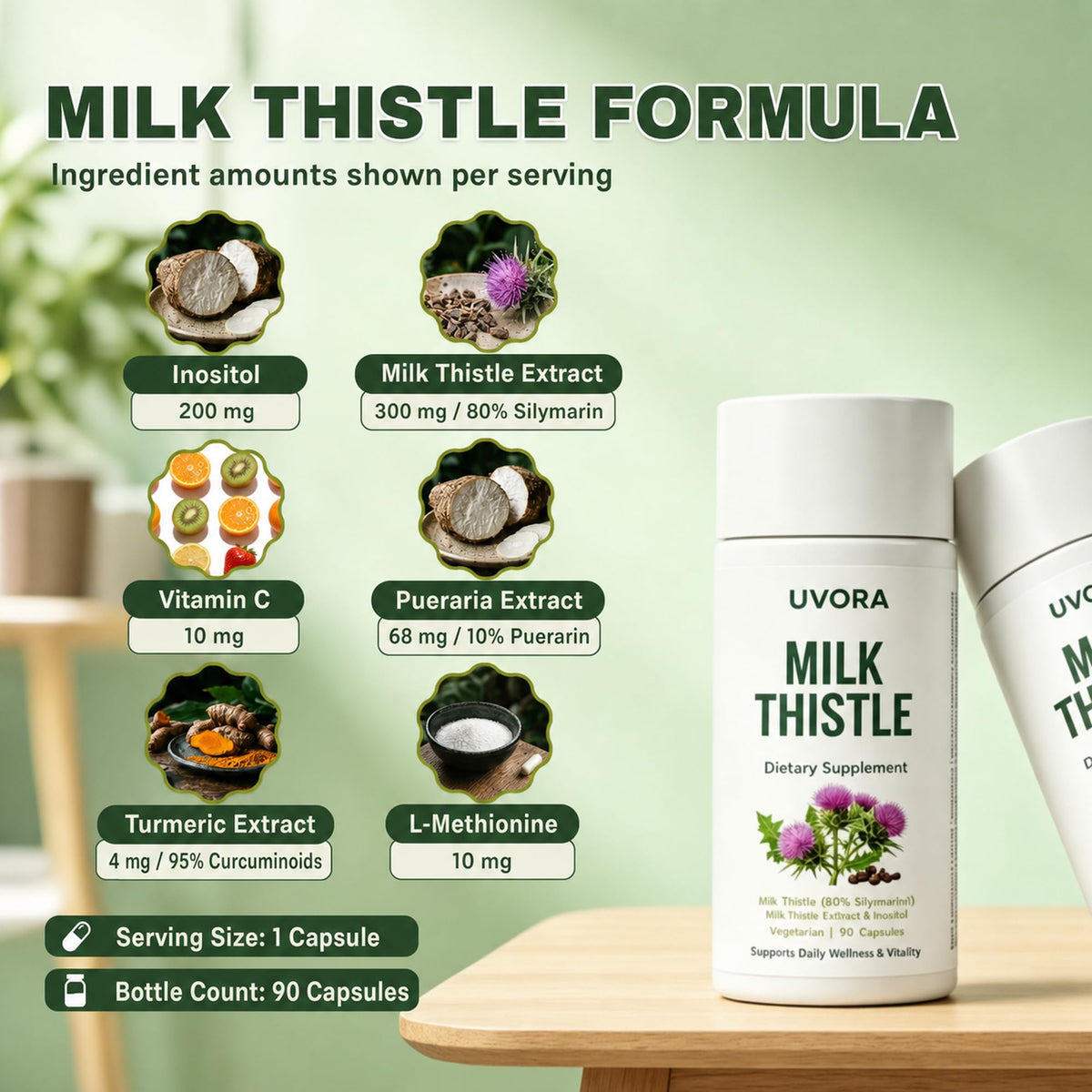 UVORA Milk Thistle bouteille ouverte avec capsules à l'intérieur