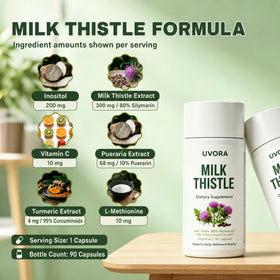 UVORA Milk Thistle bouteille ouverte avec capsules à l'intérieur
